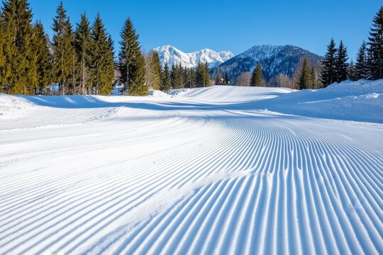 A close-up of ski tracks carving through fresh powder snow on the slopes of Bjelasnica