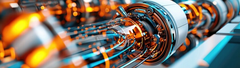 Fototapeta premium A close-up view of a futuristic machine component featuring glowing orange and blue elements, highlighting intricate details and advanced technology.