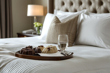A luxurious hotel bed corner, featuring a tray with gourmet chocolates and a personal welcome note.