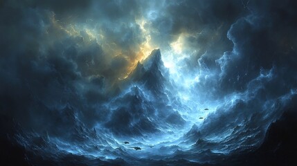 Naklejka premium Dramatic Stormy Landscape with Majestic Mountain Peaks and Turbulent Clouds at Sunset or Dawn