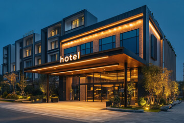 Contemporary luxury hotel exterior with "hotel" signage, five stars hotel entrance facade.