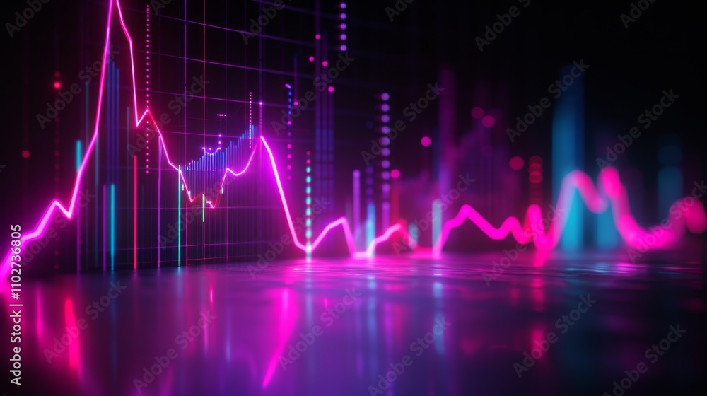 Poster neon pink and blue glowing lines create an abstract financial graph on a dark background, symbolizin