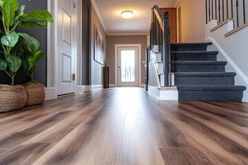 Low angle shot of a home with luxury vinyl plank flooring.