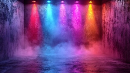 Naklejka premium Colorful and Dramatic Illuminated Moody Backdrop with Smoke and Reflections