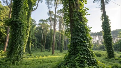 Fototapeta premium Lush greenery with vines and creepers snaking up tree trunks, rich verdant leaves, exotic vegetation, vines and creepers, lush greenery, tree trunks