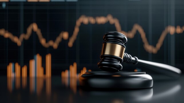 Law, restriction and enforcement concept. A gavel rests on a black surface with a financial chart in the background, symbolizing the intersection of law and finance.
