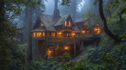 A mystical forest house illuminated at dusk, surrounded by tall trees and mist.