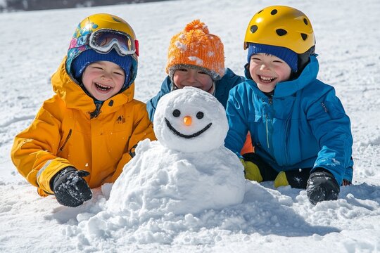 A family building a snowman on a gentle slope of Bjelasnica, with laughter and joy captured in the scene