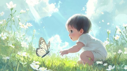 Draw a scene of a baby playing with a butterfly 2.25D anime
