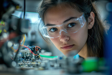 Close-up of female student building a robot in stem class, concentration, engineer woman.