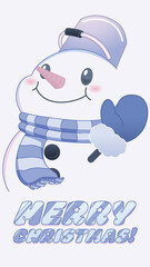 Snowman card templates poster or greeting card. Cartoon design with gift. Templates for the banner. Holidays card.