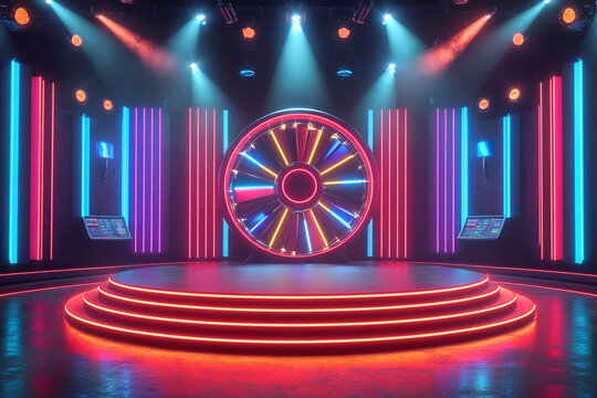 Game show stage with big spinning wheel and vibrant neon colors, 3d render.
