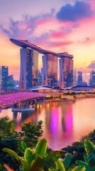 sunset of city skyline at business district marina bay sands hotel at night singapore
