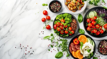 An arrangement of various fresh salads and vegetables, beautifully placed on a marble surface. The scene is colorful, vibrant, and promotes healthy eating with fresh ingredients. AI generated.
