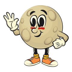 Moon mascot character illustration greet by waving hand, cartoon mascot, work of hand drawn