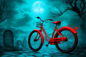 A gothic-style bike parked in a misty graveyard, with intricate wrought-iron details and an eerie moonlit backdrop