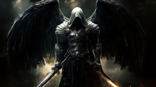 Dark Fantasy Armored Angel with Black Wings and Glowing Sword Defending Against Evil