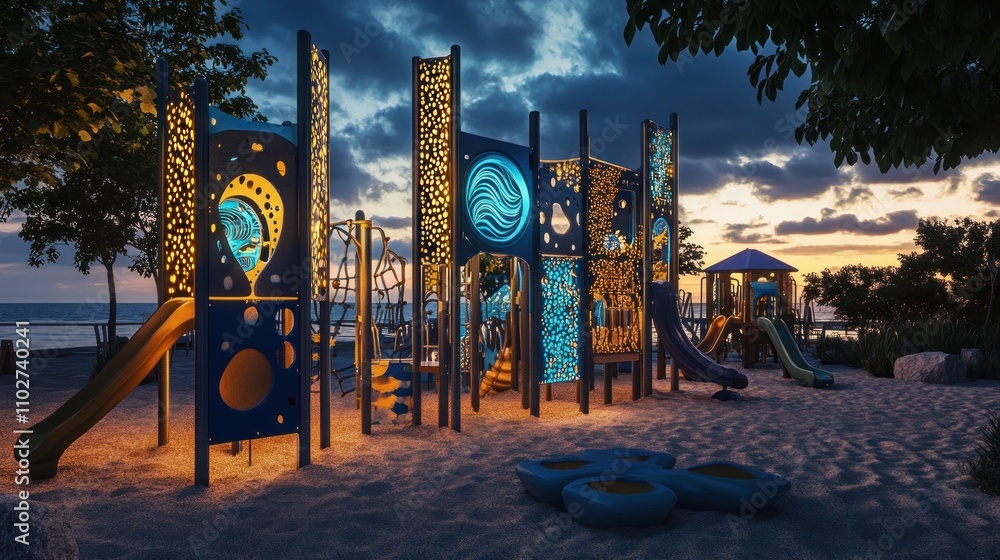 Aufkleber a vibrant playground illuminated at dusk, featuring colorful structures and slides for children.