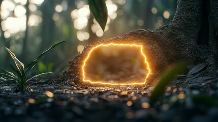 biodiversity loss species concept, A mystical glow emanates from a tree's hollow, surrounded by lush greenery, creating an enchanting atmosphere in a forest setting.