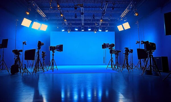 Studio setup with cameras and blue backdrop for filming.