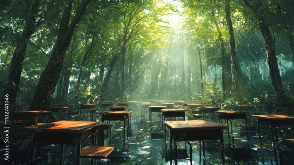 Poster a serene forest scene with desks amidst lush greenery and soft sunlight filtering through trees.