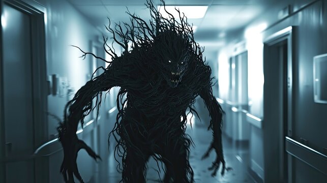 Full cinematic shot of a Cancer demon, a shadowy, hulking figure with sharp, tendrils growing uncontrollably from its body, spreading across 