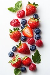 Fresh Strawberries Raspberries Blueberries on White Background Summer Composition
