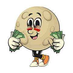 Moon mascot character illustration carrying money, cartoon mascot isolated, work of hand drawn