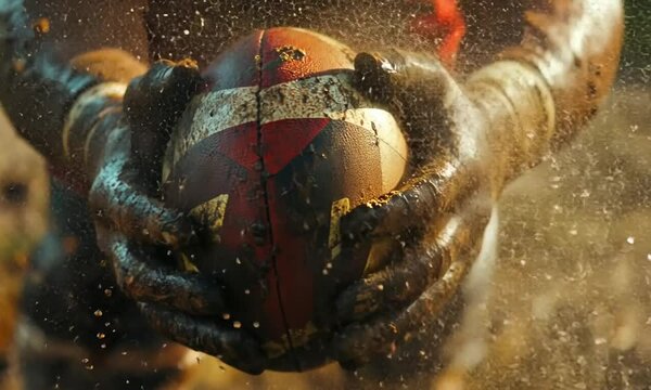 Muddy hands gripping a worn rugby ball in action.