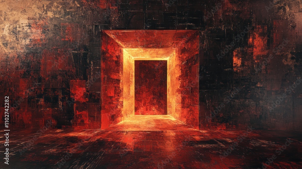 Aufkleber abstract red and black room with a glowing rectangular portal.