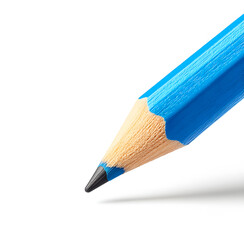 Close-up of a sharpened blue pencil against a white background. The vibrant blue contrasts beautifully with the soft wood. Ready to start creating!