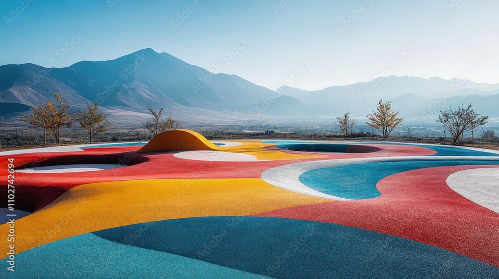 Poster a colorful playground with abstract shapes set against a mountainous landscape.