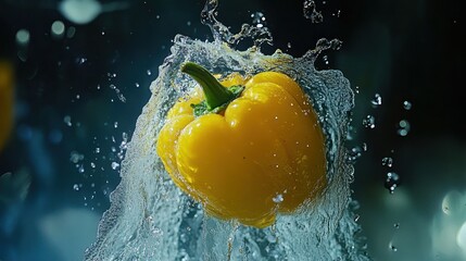 Bright yellow bell pepper plunging into water, illuminated by sunlight, droplets frozen mid-air
