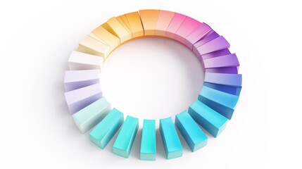 Obraz premium A vibrant circular 3D diagram featuring block-like segments in a gradient of colors. The clean, minimalist design makes it ideal for technology or data-focused visuals. AI generated.