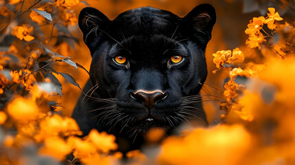 Black Panther in Autumn Flowers Wildlife Photo
