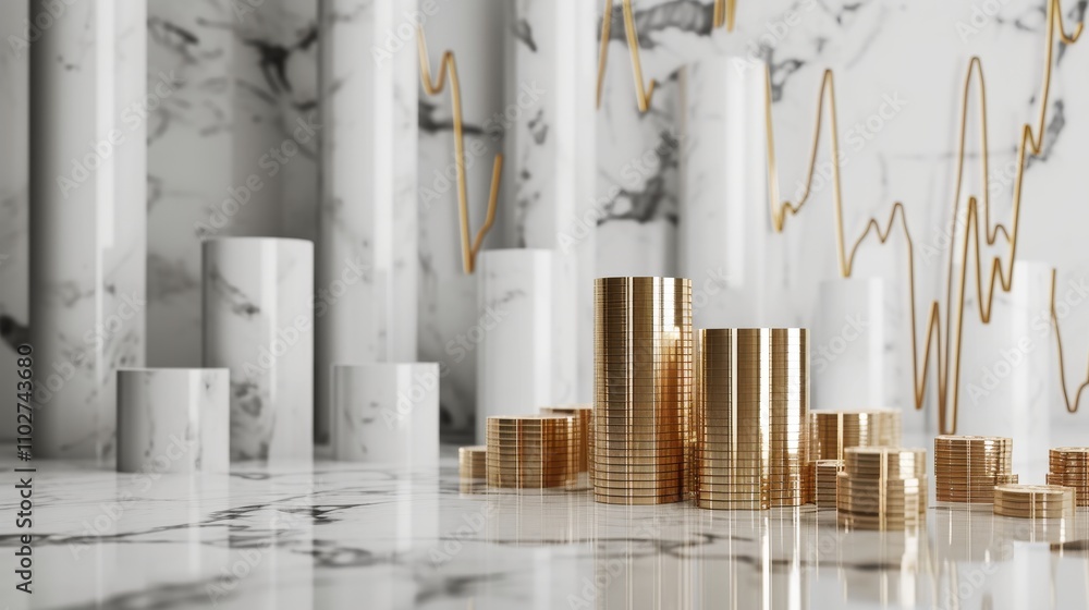 Aufkleber a 3d rendering of gold coins stacked on a polished marble surface, set against an abstract backgroun