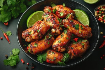 Fototapeta premium Savory baked chicken drumettes with lime, chili, and garlic, a flavorful gourmet dish.