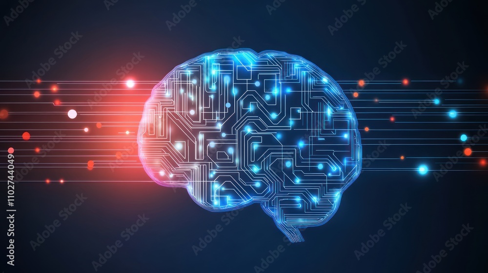 Poster abstract digital brain with glowing circuit board design.