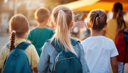 Back View of Ponytail Girl with Friends Using a Backpack Going to Market. Back to School Consept.