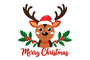 Cheerful Reindeer Illustration with Santa Hat and Festive 'Merry Christmas' Script