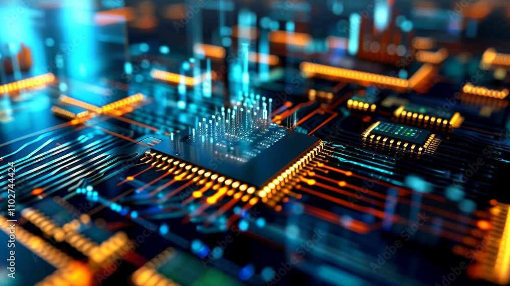 Poster a detailed view of a futuristic circuit board, featuring a glowing microchip surrounded by intricate
