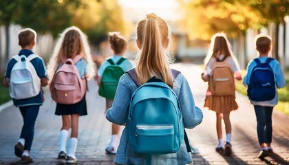 Fototapeta premium Back View of Ponytail Girl with Friends Using a Backpack Going to School. Back to School Consept.