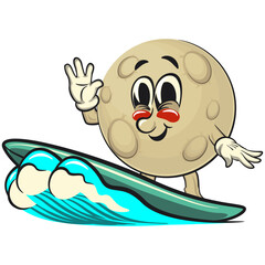 Moon mascot character illustration surfing riding the waves, cartoon mascot isolated, work of hand drawn