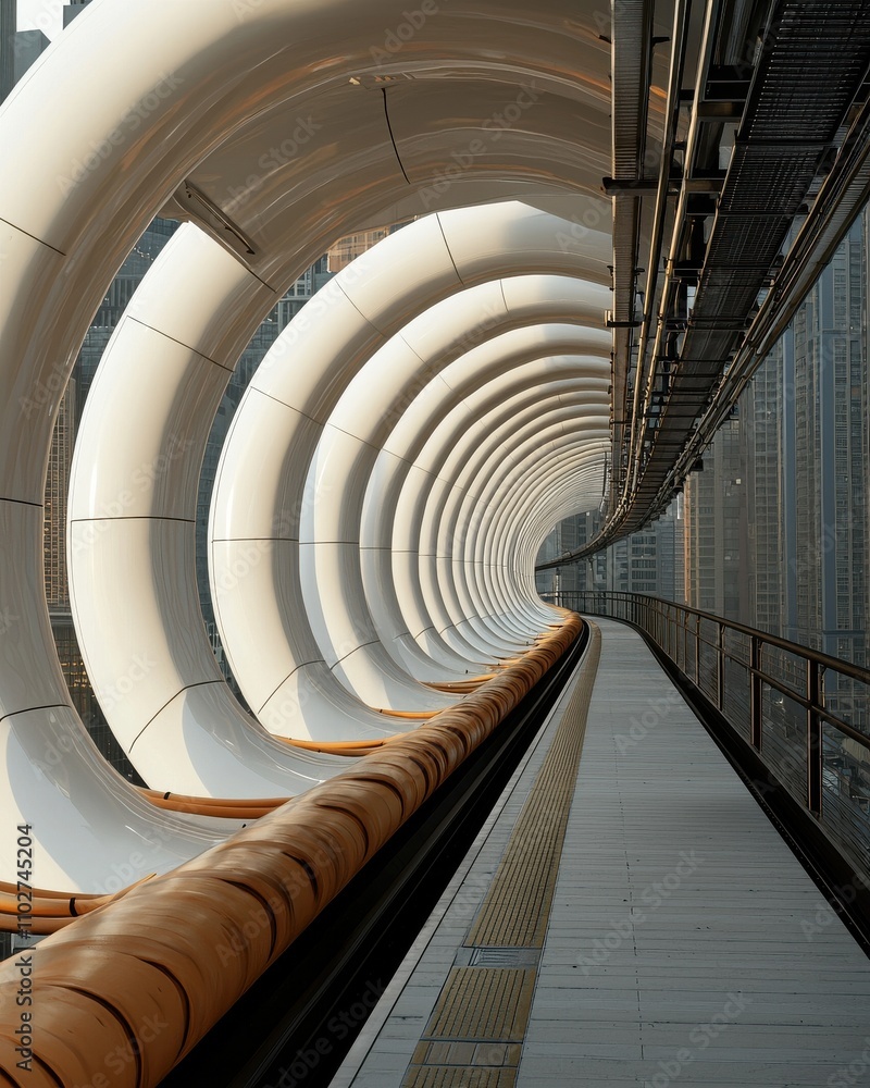 Poster a futuristic tunnel with smooth, curved walls and a wooden path, creating a sleek and modern archite