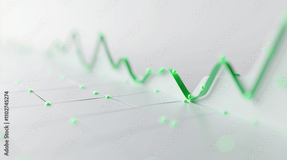 Poster a dynamic green line chart rendered in 3d with glowing points on a white grid background. perfect fo