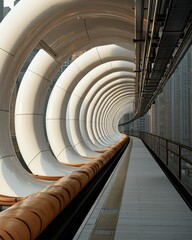 Obraz premium A futuristic tunnel with smooth, curved walls and a wooden path, creating a sleek and modern architectural design that evokes a sense of depth and perspective.