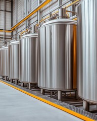 Obraz premium A row of large stainless steel tanks in a modern industrial facility, showcasing a clean and organized production environment.