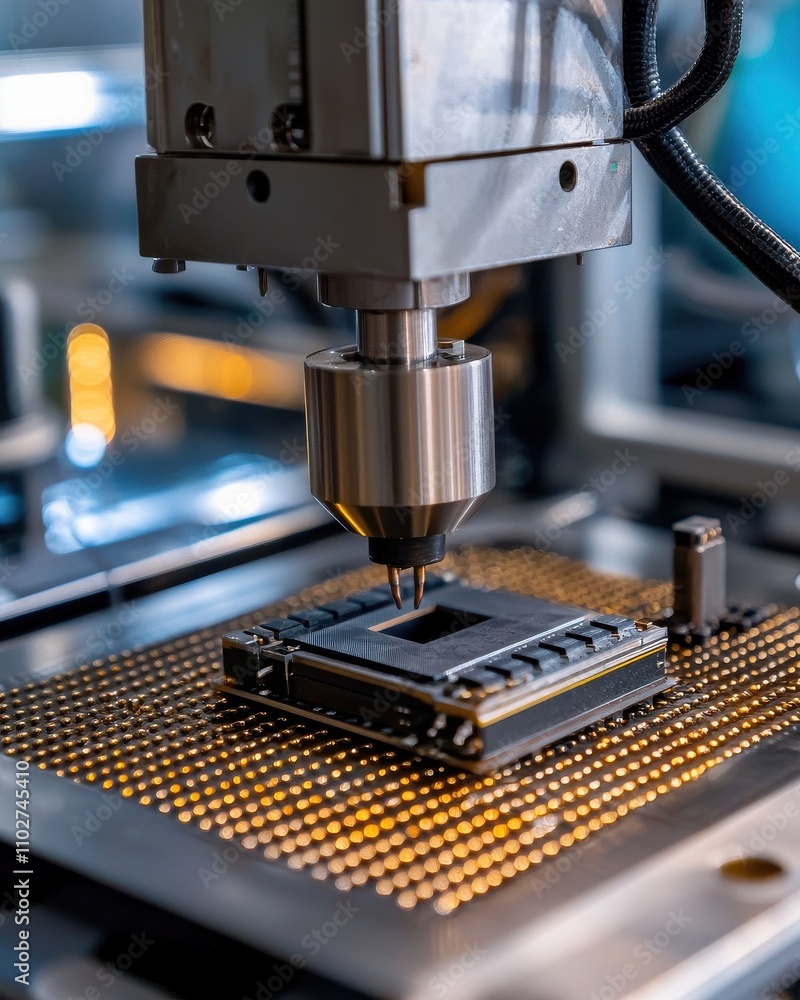 Poster a close-up of a precision machine tool working on a semiconductor chip, showcasing technology and ma