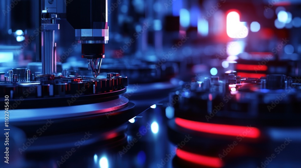 Poster close-up of advanced robotic arm performing precision manufacturing task on a circuit board in a fut