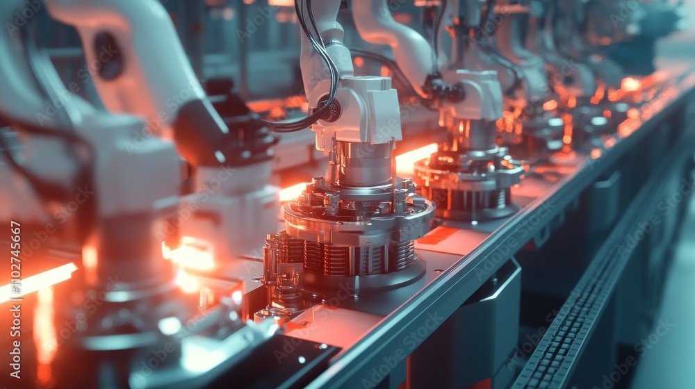 Poster automated robotic assembly line manufacturing process with glowing parts.